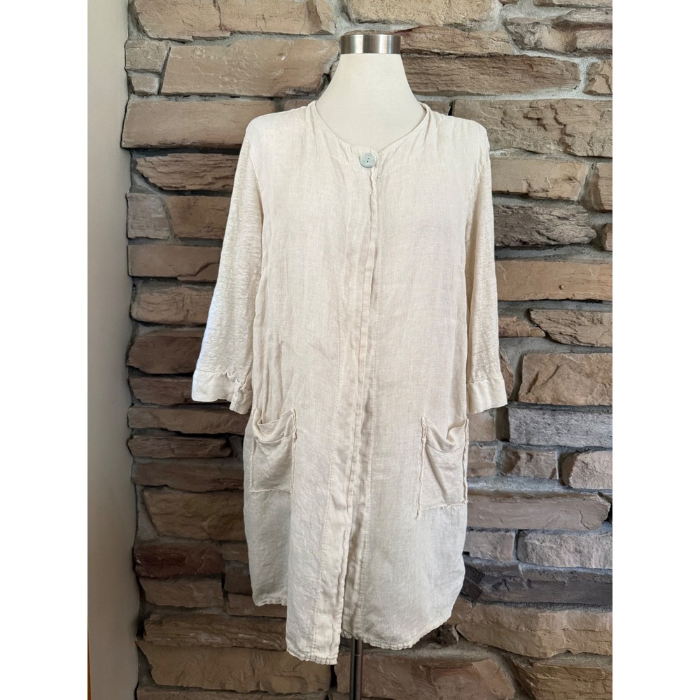 Polo Garage Italy Womens 100% Linen Longline Button Cardigan Jacket Beige Size 2